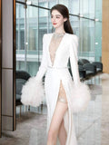 Sexy Sheath V Neck Long Sleeves White Satin With Silver Beads Gem Feathers Long Bride Dress Long Bride Dress Classy Wedding Dresses HZ0311