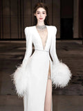Sexy Sheath V Neck Long Sleeves White Satin With Silver Beads Gem Feathers Long Bride Dress Long Bride Dress Classy Wedding Dresses HZ0311