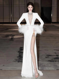 Sexy Sheath V Neck Long Sleeves White Satin With Silver Beads Gem Feathers Long Bride Dress Long Bride Dress Classy Wedding Dresses HZ0311