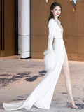 Sexy Sheath V Neck Long Sleeves White Satin With Silver Beads Gem Feathers Long Bride Dress Long Bride Dress Classy Wedding Dresses HZ0311