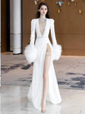 Sexy Sheath V Neck Long Sleeves White Satin With Silver Beads Gem Feathers Long Bride Dress Long Bride Dress Classy Wedding Dresses HZ0311