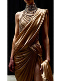 Gorgeous Mermaid One Shoulder Champagne High Neck With Beads Pleated Long Prom Dresses Formal Evening Gowns HZ0311