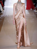 Gorgeous Mermaid One Shoulder Champagne High Neck With Beads Pleated Long Prom Dresses Formal Evening Gowns HZ0311