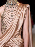 Gorgeous Mermaid One Shoulder Champagne High Neck With Beads Pleated Long Prom Dresses Formal Evening Gowns HZ0311