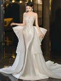 Sexy Mermaid Sweetheart White Satin With Silver Beads Gem Long Bride Dress Long Bride Dress Classy Wedding Dresses HZ0311