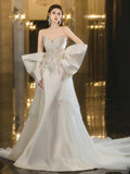 Sexy Mermaid Sweetheart White Satin With Silver Beads Gem Long Bride Dress Long Bride Dress Classy Wedding Dresses HZ0311