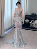 Modest Mermaid Scoop Neck Silver Sequins Beaded Gem Long Prom Dresses Formal Party Teens Evening Gowns HZ0311