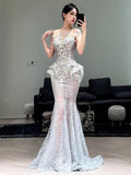 Modest Mermaid Scoop Neck Silver Sequins Beaded Gem Long Prom Dresses Formal Party Teens Evening Gowns HZ0311