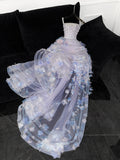 Modest Prom Dresses Ball Gown Strapless With Flowers Tulle Lilac Fashion Long Prom Dresses Party Gowns HZ0311