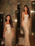 Sparkly Mermaid Square Neck Champagne Sequins Senior Prom Dresses High School Long Formal Dress HZ0311