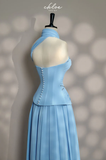 Elegant A line Strapless Blue Evening Dress Women Party Long Formal Dresses Prom 16 Birthday Party Ladies Gown HZ0311