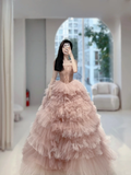 Unique Ball Gown Strapless Pink Tulle With Multi Layered Long Prom Quinceanera Dresses Sweet 15 16 Birthday Gown HZ0311