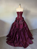 Vintage Ball Gown Strapless Burgundy Sleeveless Satin 90s Classy Prom Dresses Inspiration Party Dress Princess Graduation Dress HZ0311
