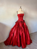 Vintage Ball Gown Strapless Burgundy Sleeveless Satin 90s Classy Prom Dresses Inspiration Party Dress Princess Graduation Dress HZ0311