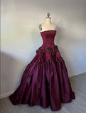 Vintage Ball Gown Strapless Burgundy Sleeveless Satin 90s Classy Prom Dresses Inspiration Party Dress Princess Graduation Dress HZ0311