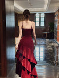 Sexy Mermaid Spaghetti Strap Burgundy Satin Long Prom Dresses Formal Gown Inspo Evening Outfits HZ0311