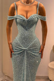 Blue Sequins Party Dress Off the Shoulder Sleeveless Prom Dress Evening Dress HZ0311