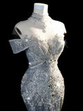 Princess Long Wedding Gowns Mermaid Off The Shoulder White Sequins For Bride With Sleeves Train Bridal Dresses HZ0311
