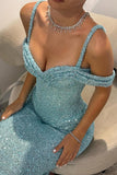 Blue Sequins Party Dress Off the Shoulder Sleeveless Prom Dress Evening Dress HZ0311