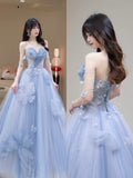 Charming Ball Gown Sweetheart Blue Tulle Long Prom Dresses Formal Party Dress Prom Gown HZ0311