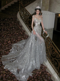 Luxurious Wedding Dresses Mermaid Scoop Neck With Beads Gem Silver Sequin Brides Dress For Brides Fitted Bridal Gown HZ0311