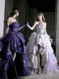 Princess High Low Strapless Purple Satin With Lace Prom Dresses Long Party Dress Grad Formal Evening Gowns HZ0311