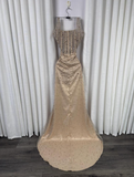 Sparkly Mermaid Square Neck Champagne Sequins Senior Prom Dresses High School Long Formal Dress HZ0311