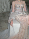 Sparkly Mermaid Sweetheart Champagne Slit Prom Dress Aesthetic Long Graduation Evening Outfits HZ0311