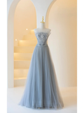 Charming Ball Gown Strapless Dusty Blue Tulle Long Prom Dresses Impress 20th Birthday Outfits Prom Gown HZ0311