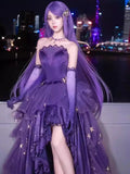 Princess High Low Strapless Purple Satin With Lace Prom Dresses Long Party Dress Grad Formal Evening Gowns HZ0311