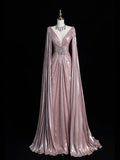 Vintage A line V Neck Pink Beaded Bodice Satin With Cape Long Prom Dress Evening Outfits Formal Dress HZ0311
