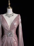 Vintage A line V Neck Pink Beaded Bodice Satin With Cape Long Prom Dress Evening Outfits Formal Dress HZ0311