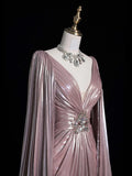 Vintage A line V Neck Pink Beaded Bodice Satin With Cape Long Prom Dress Evening Outfits Formal Dress HZ0311
