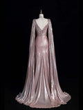 Vintage A line V Neck Pink Beaded Bodice Satin With Cape Long Prom Dress Evening Outfits Formal Dress HZ0311