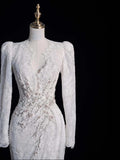 Vintage Mermaid V Neckline Lace Long Sleeeves Wedding Dress Fairytale Autumn Bridal Dresses HZ0311