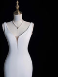 Simple Mermaid V Neckline Satin Sleeveless White Wedding Dress Fairytale Autumn Bridal Dresses HZ0311