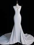 Simple Mermaid V Neckline Satin Sleeveless White Wedding Dress Fairytale Autumn Bridal Dresses HZ0311