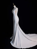 Simple Mermaid V Neckline Satin Sleeveless White Wedding Dress Fairytale Autumn Bridal Dresses HZ0311