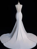Simple Mermaid V Neckline Satin Sleeveless White Wedding Dress Fairytale Autumn Bridal Dresses HZ0311