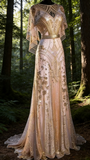 Champagne Gold A-Line Beading Elegant Long Formal Prom Dress Evening Gown, HZ0427