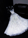 Sparkly Ball Gown Sweetheart White Beaded Bodice Long Prom Dress Evening Outfits Formal Dress HZ0311