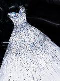Sparkly Ball Gown Sweetheart White Beaded Bodice Long Prom Dress Evening Outfits Formal Dress HZ0311