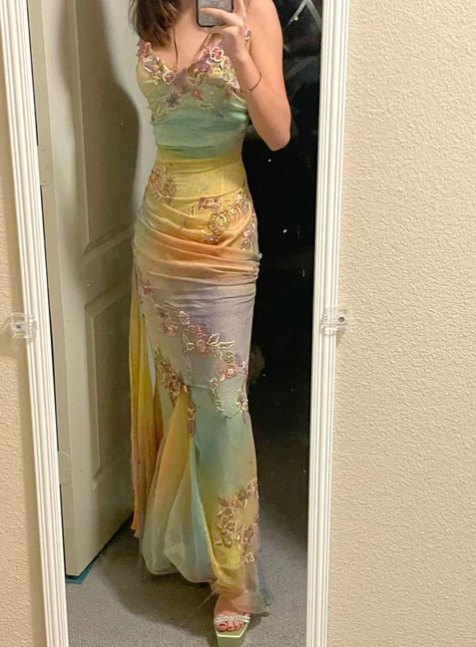 Colorful Straps Appliques Tulle Mermaid Long Party Dress Retro Evening Dress, HZ0427