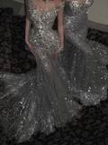 Luxurious Wedding Dresses Mermaid Style With Beaded Crystals Bodice Silver Sequin Bride Dress For Brides Fitted Bridal Gown HZ0311