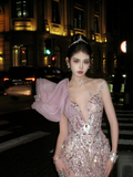 New Mermaid One Shoulder Pink Layered Prom Dress Aesthetic Long Graduation Evening Outfits HZ0311