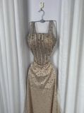 Sparkly Mermaid Square Neck Champagne Sequins Senior Prom Dresses High School Long Formal Dress HZ0311