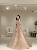 Charming Ball Gown Off The Shoulder Champagne Tulle Long Prom Dresses Impress 20th Birthday Outfits Prom Gown HZ0311