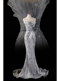 Elegant Mermaid Strapless Silver Gray Sequin Long Prom Dress Charming Evening Party Gowns Fashion Wedding Guest Dress HZ0311