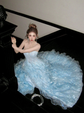 Modest Ball Gown Off The Shoulder Blue Organza With Long Cape Sleeves Tiered Layered Prom Dress Aesthetic Long Graduation Evening Outfits HZ0311