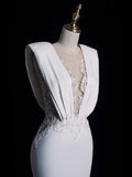 Simple Mermaid V Neckline Satin Sleeveless White Lace Wedding Dress Fairytale Autumn Bridal Dresses HZ0311